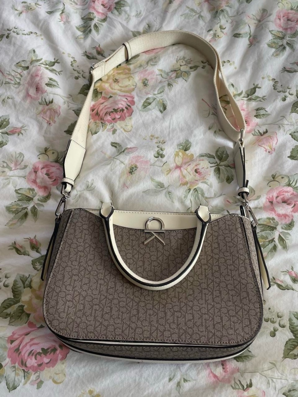 Calvin Klein Monogram Crossbody in Beige and Cream